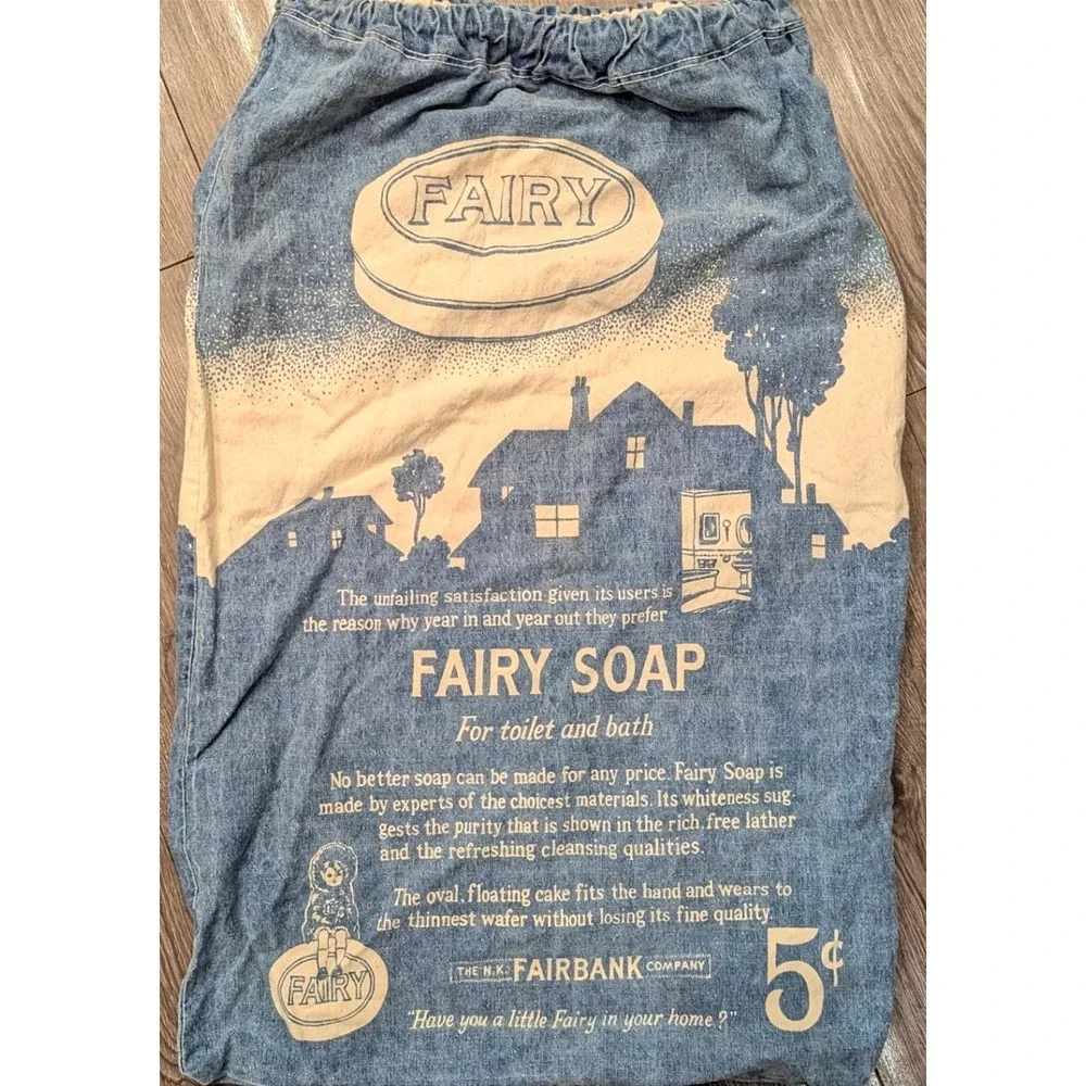 Antique Fairy Soap Indigo Denim  Laundry Bag N.K. Fairbank Co Advertising Art